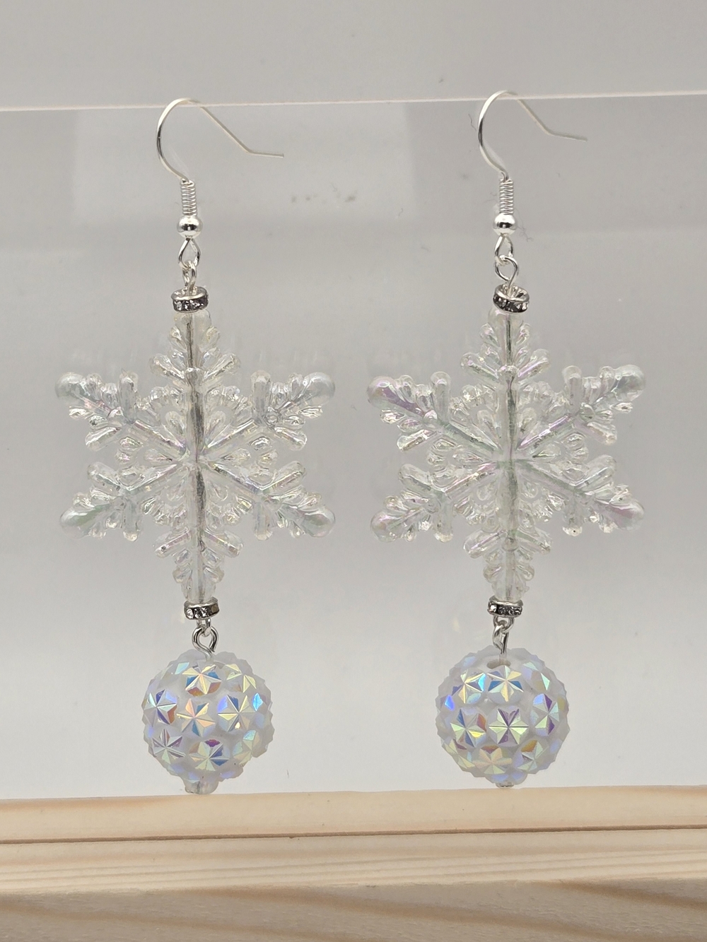 Iridescent Snowflake Dangle Earrings - White Crystal